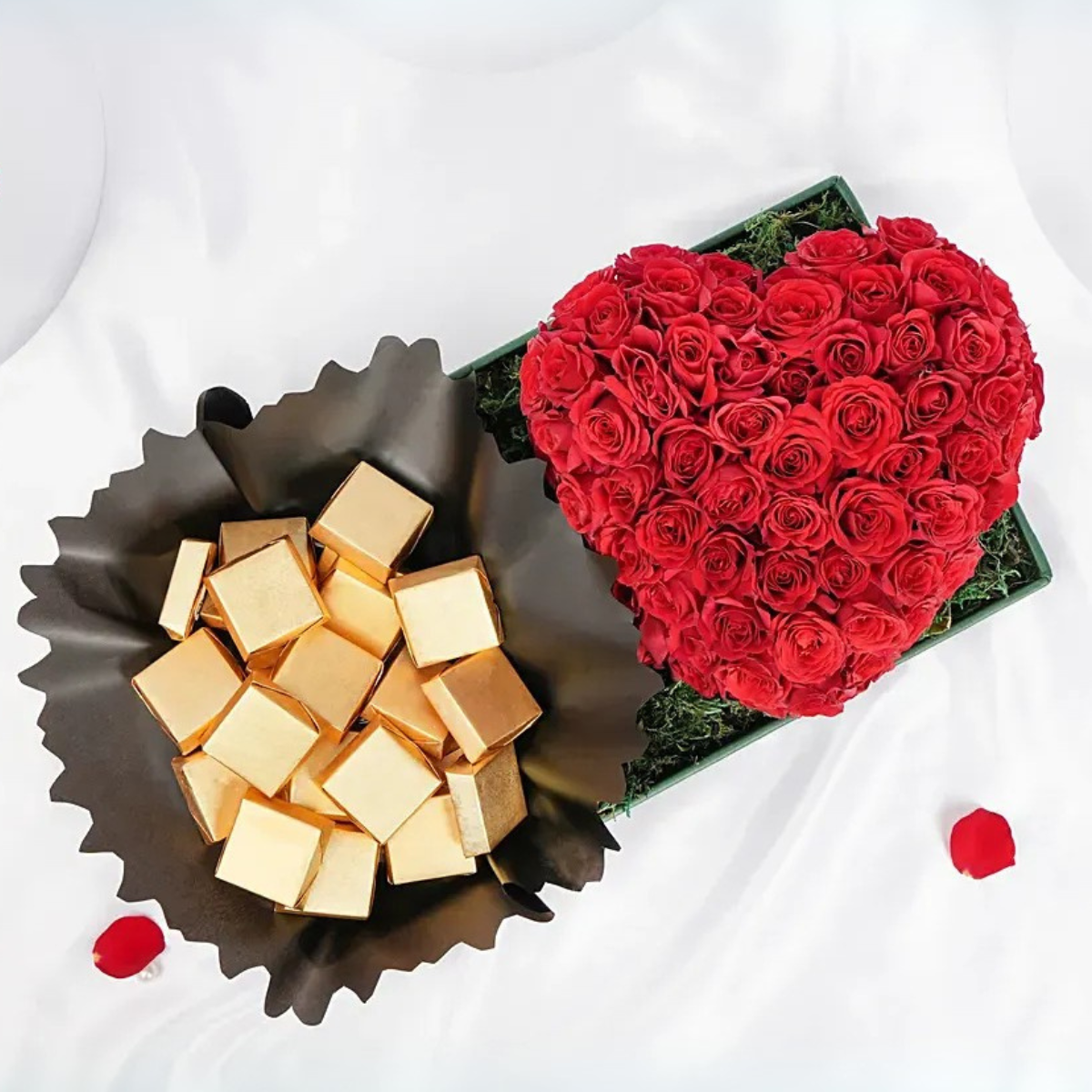 Heart shaped red rose arrangement with chocolates Luxurious gift for your lovers – Petal Frost