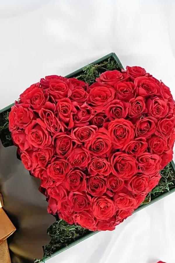 Heart Shaped Rose Arrangement And Chocolates