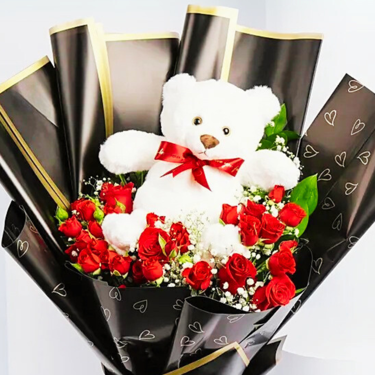 Hug Me Rose Bear bouquet – red roses with white teddy bear – Petal Frost