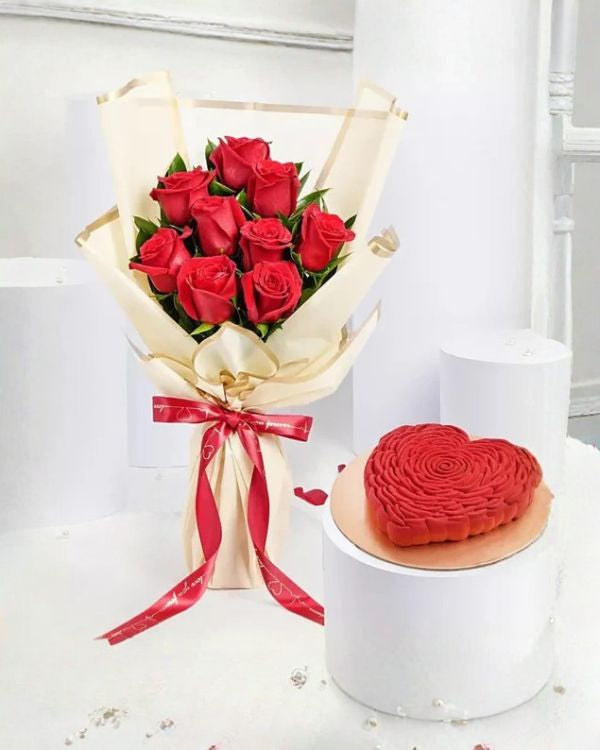 Love Expression 9 Roses Bouquet With Heart Shape Cake
