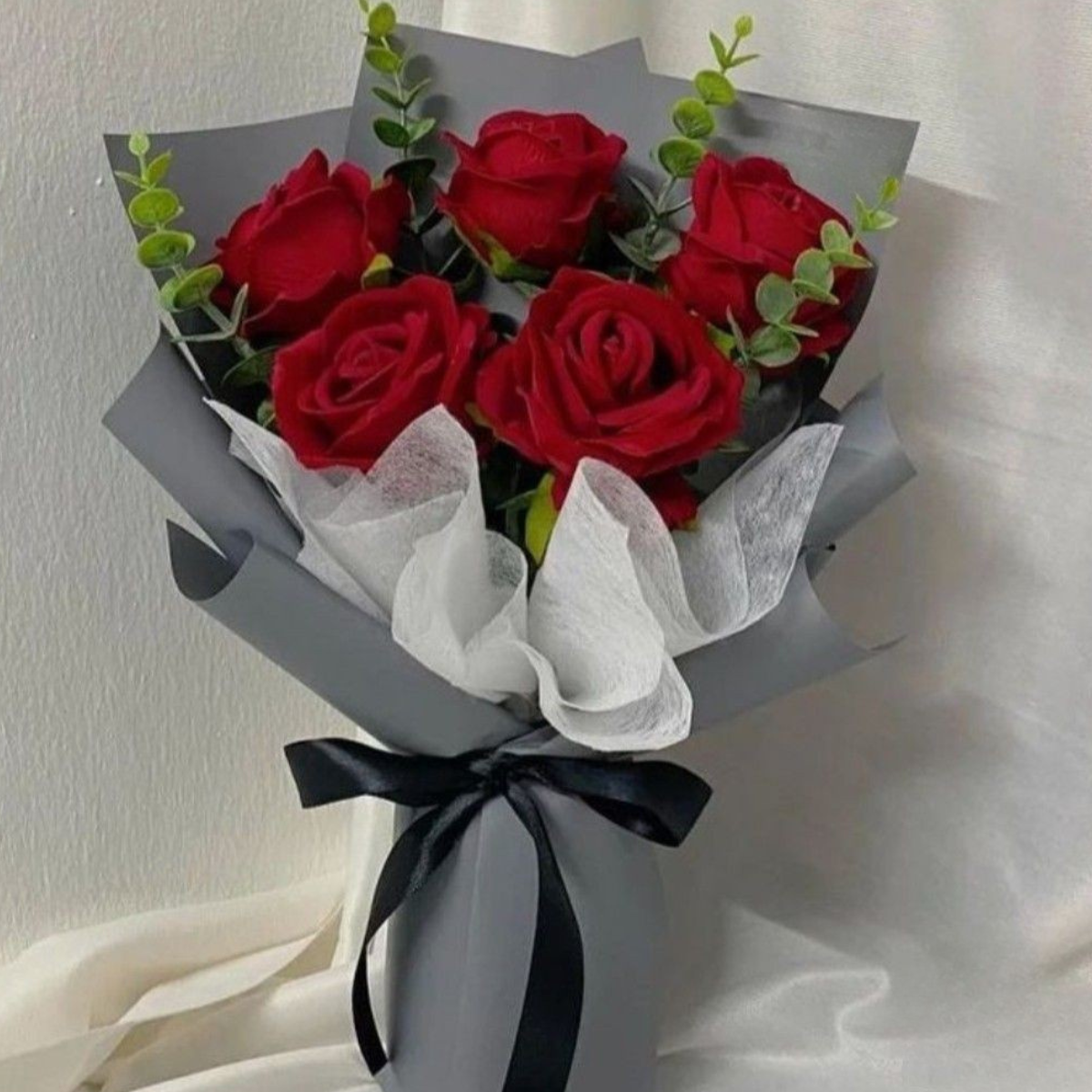 Love’s Valentine Charm bouquet – red roses with eucalyptus – Petal Frost Dubai