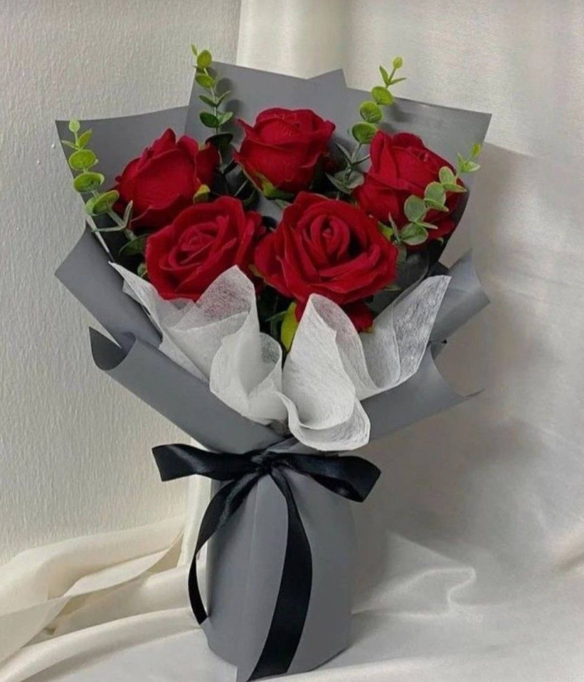 Love’s Valentine Charm bouquet – red roses with eucalyptus – Petal Frost Dubai