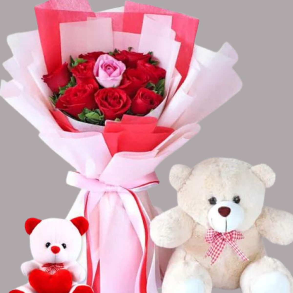 Luxe Love Trio – red and pink rose bouquet with two teddy bears – Petal Frost flower