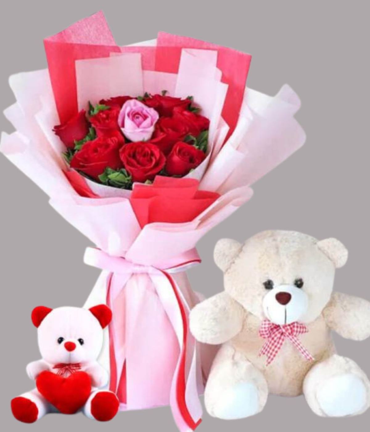 Luxe Love Trio – red and pink rose bouquet with two teddy bears – Petal Frost flower
