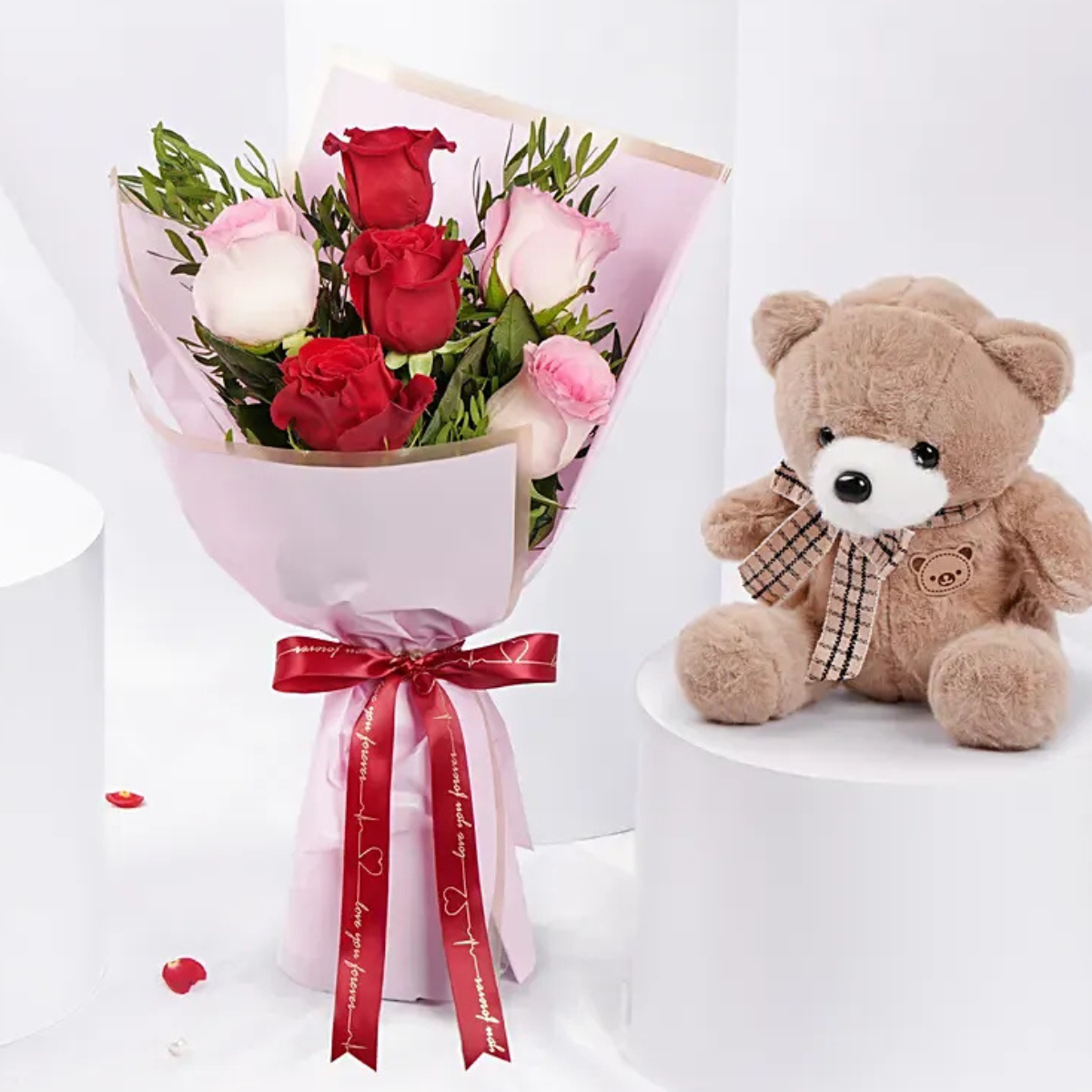 Valentine Ruby & Blush Roses Bouquet with Teddy Bear – Petal Frost