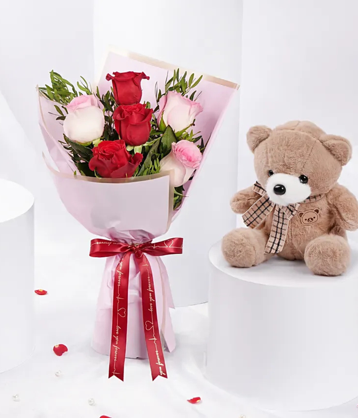 Valentine Ruby & Blush Roses Bouquet with Teddy Bear – Petal Frost
