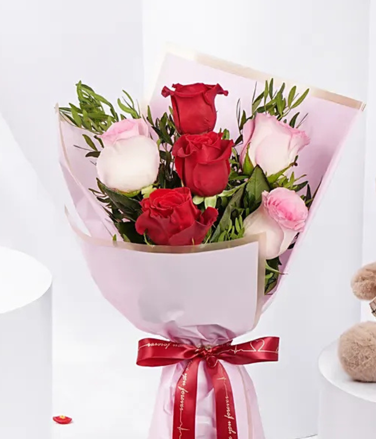Valentine Ruby & Blush Roses Bouquet with Teddy Bear