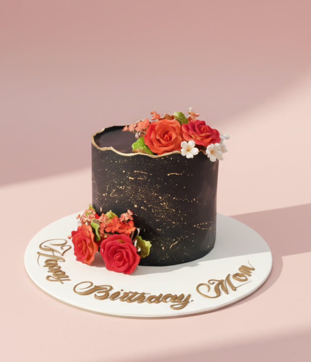 Red Rose on Black Marble Cake