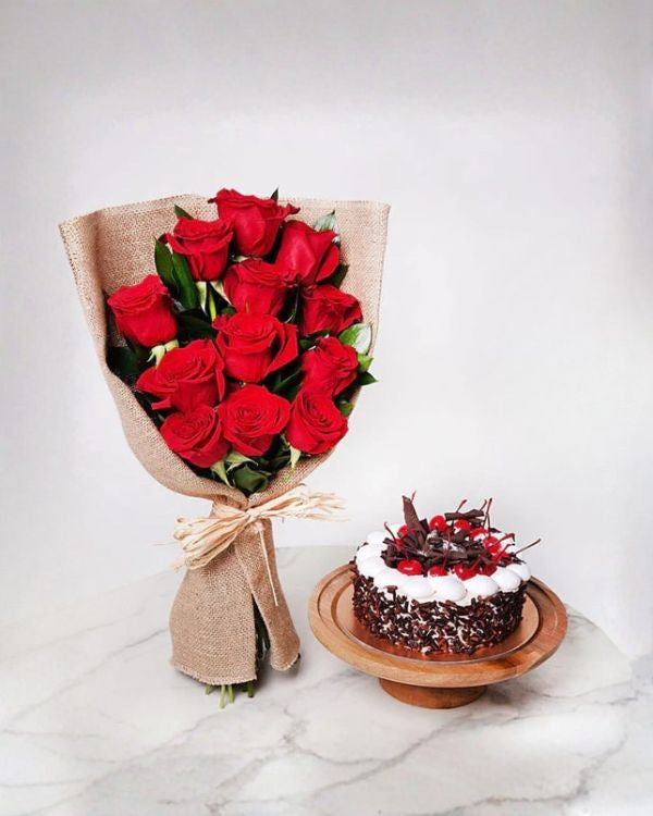 Red Roses Bunch & Black Forest Cake