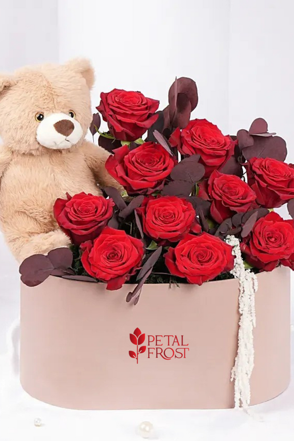 Rose Whisper Cuddles Arrangement with red roses and teddy bear – Petal Frost