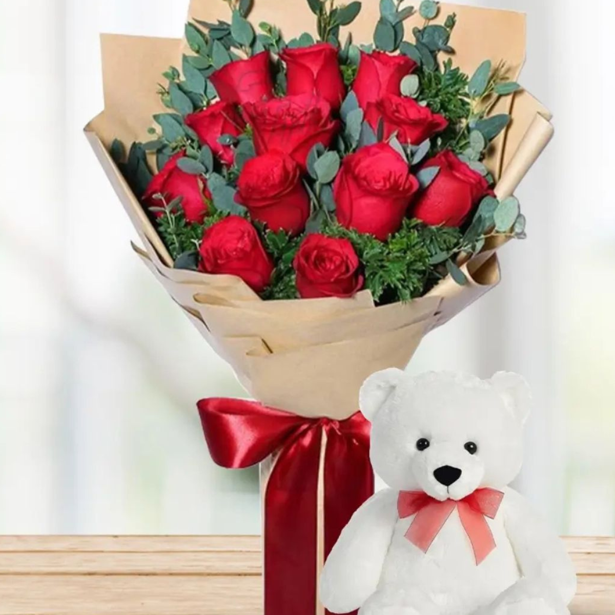 Scarlet Love Bear – red roses bouquet with teddy bear – Petal Frost