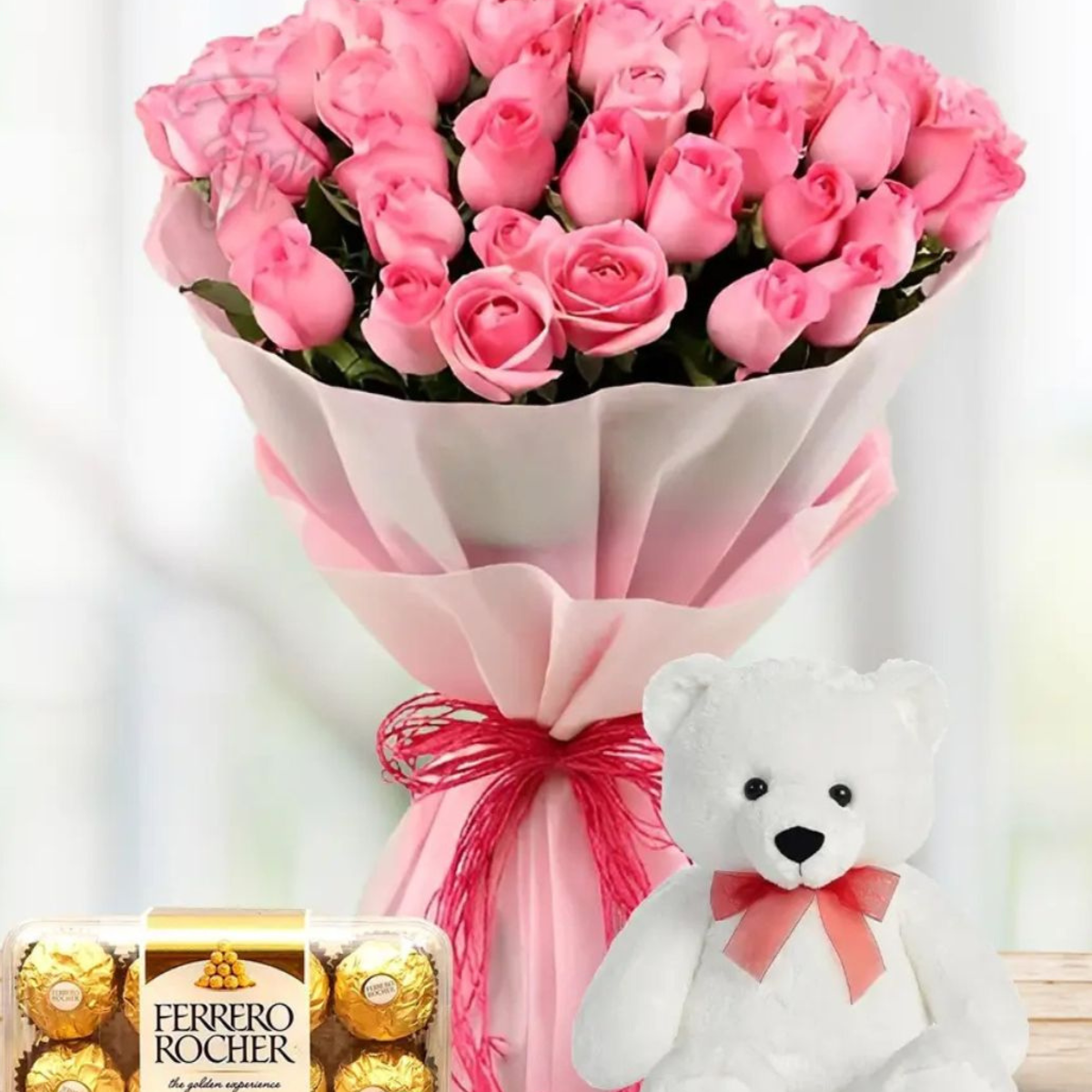 Sweetheart Surprise Combo – pink roses, teddy bear, and Ferrero Rocher chocolates – Petal Frost flower shop