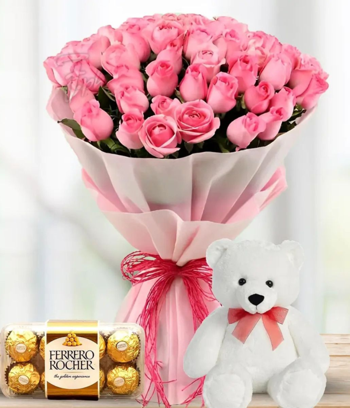 Sweetheart Surprise Combo – pink roses, teddy bear, and Ferrero Rocher chocolates – Petal Frost flower shop