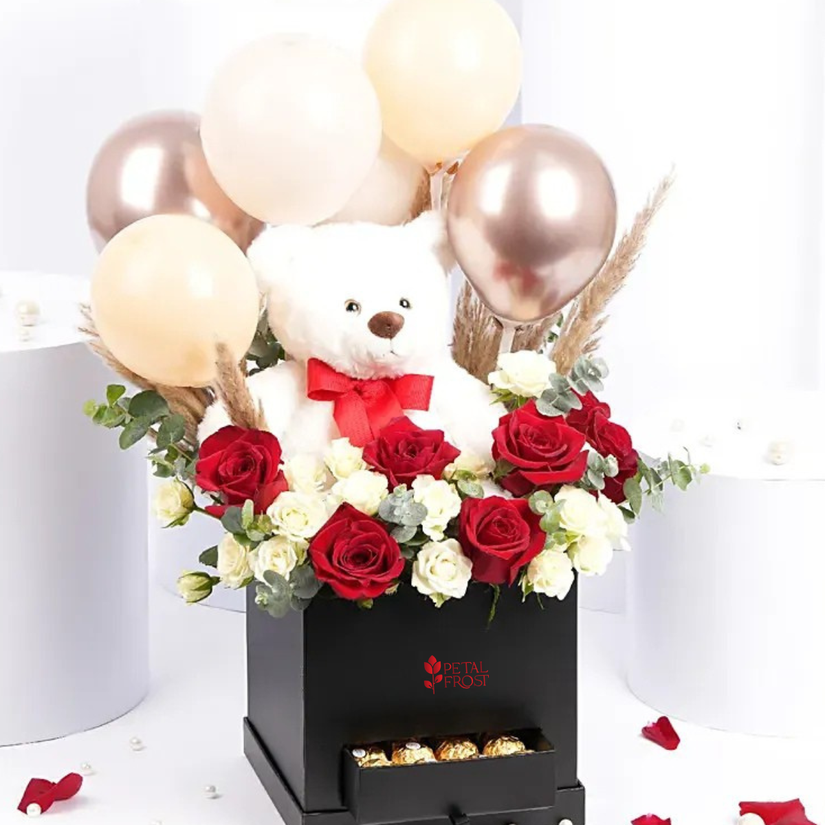 Teddy Balloon and Flower Box with Chocolates luxurious gifts arranged in an elegant black box – Petal Frost flower