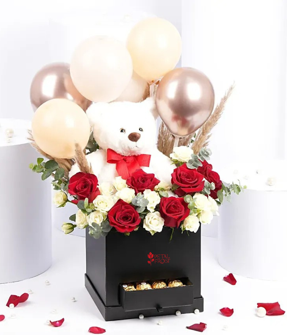 Teddy Balloon and Flower Box with Chocolates luxurious gifts arranged in an elegant black box – Petal Frost flower