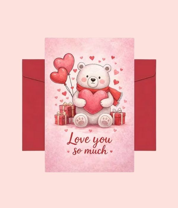 Teddy Bear Holding Heart Plush with Love Balloons Valentine's Day Card