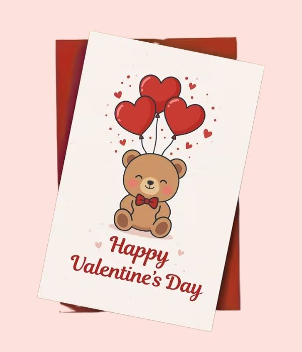 Teddy Bear with Heart Balloons Valentine's Card