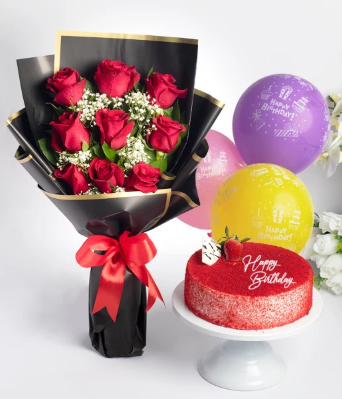 Red Roses Bouquet with Red Velvet Cake and Balloons