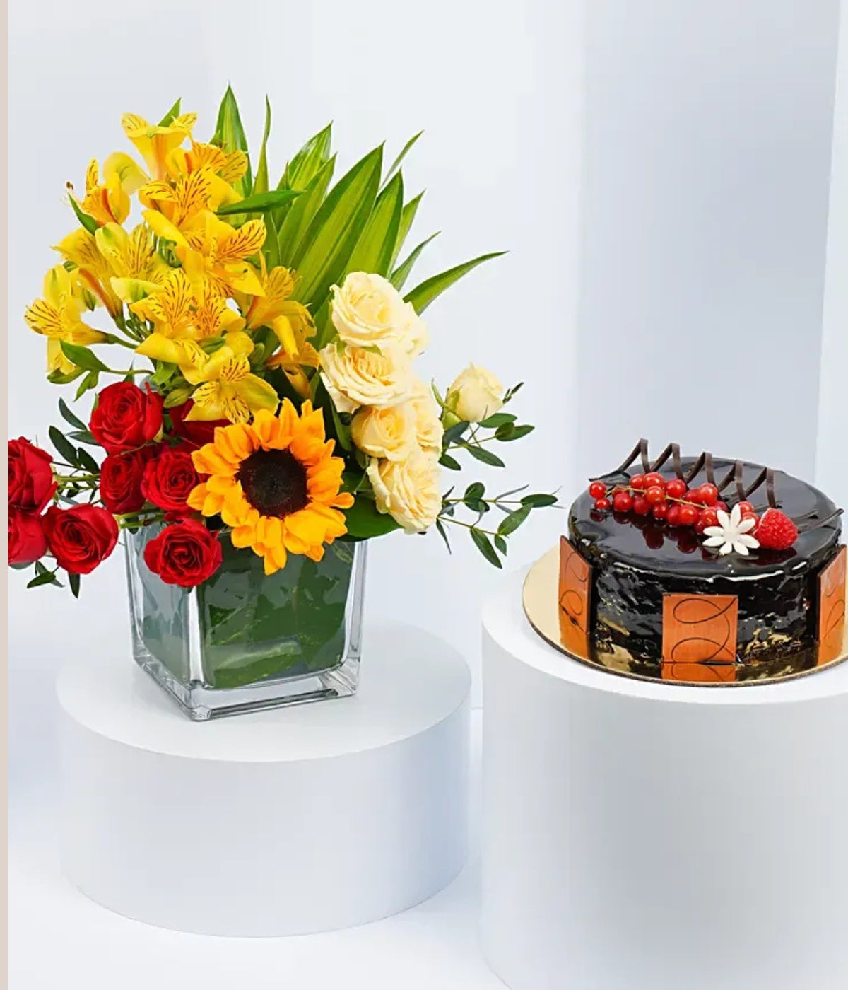 Eggless Chocolate Truffle Cake and Flowers Combo