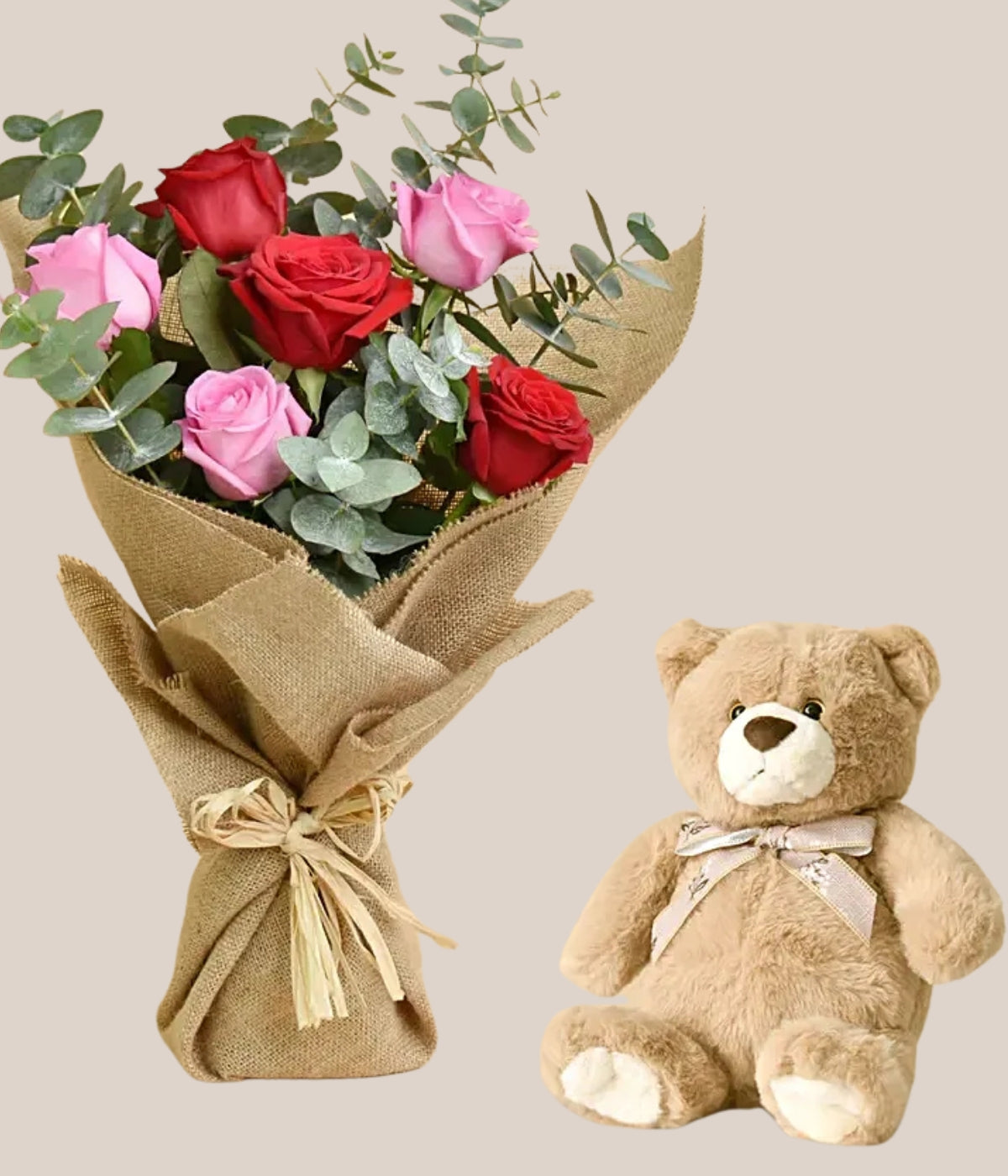 3 Pink 3 Red Roses Bouquet And Teddy