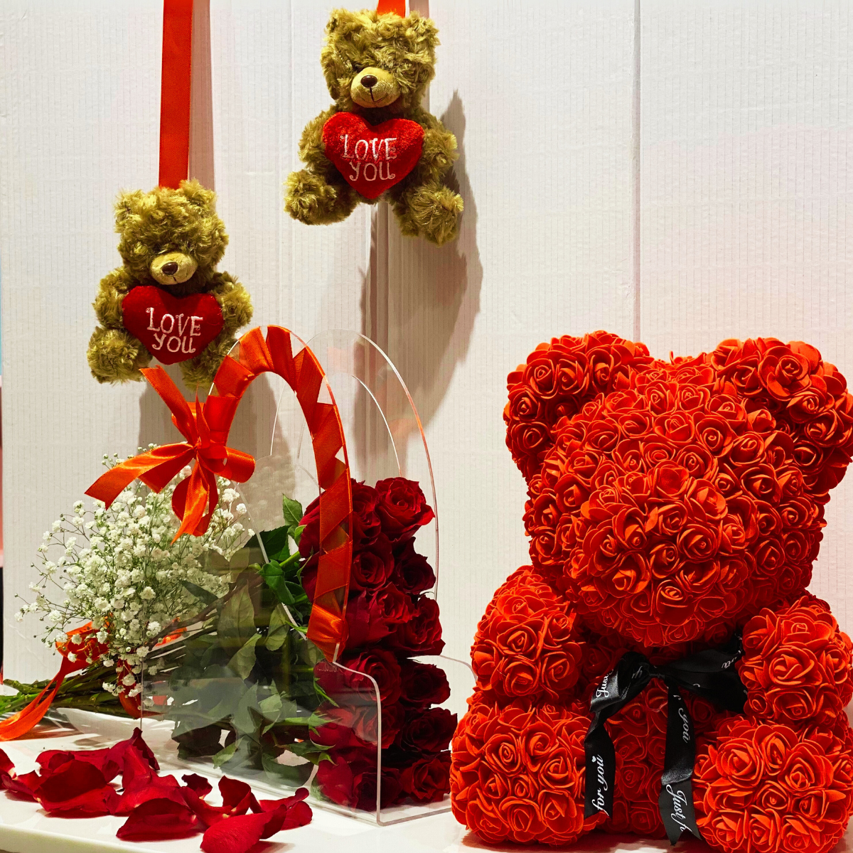 Valentine Love Combo – red roses bouquet with teddy bear – Petal Frost