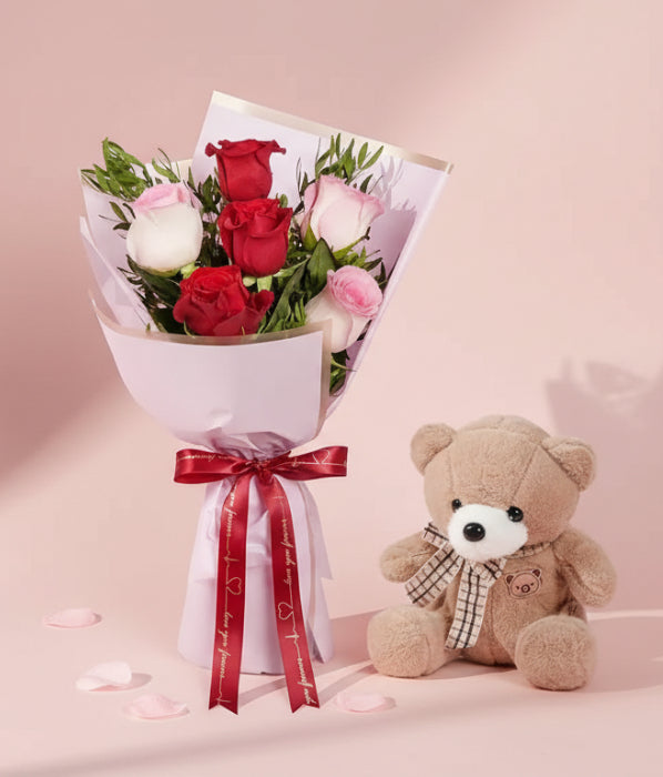 Valentine Ruby & Blush Roses Bouquet with Teddy Bear