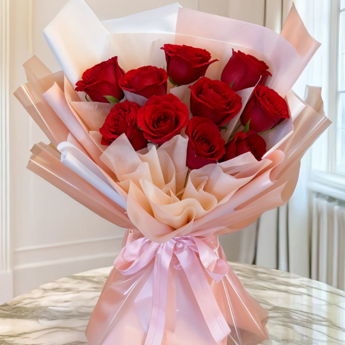 Valentine’s Floral Kiss with red roses wrapped in pink and peach paper with a decorative ribbon – Petal Frost flower shop