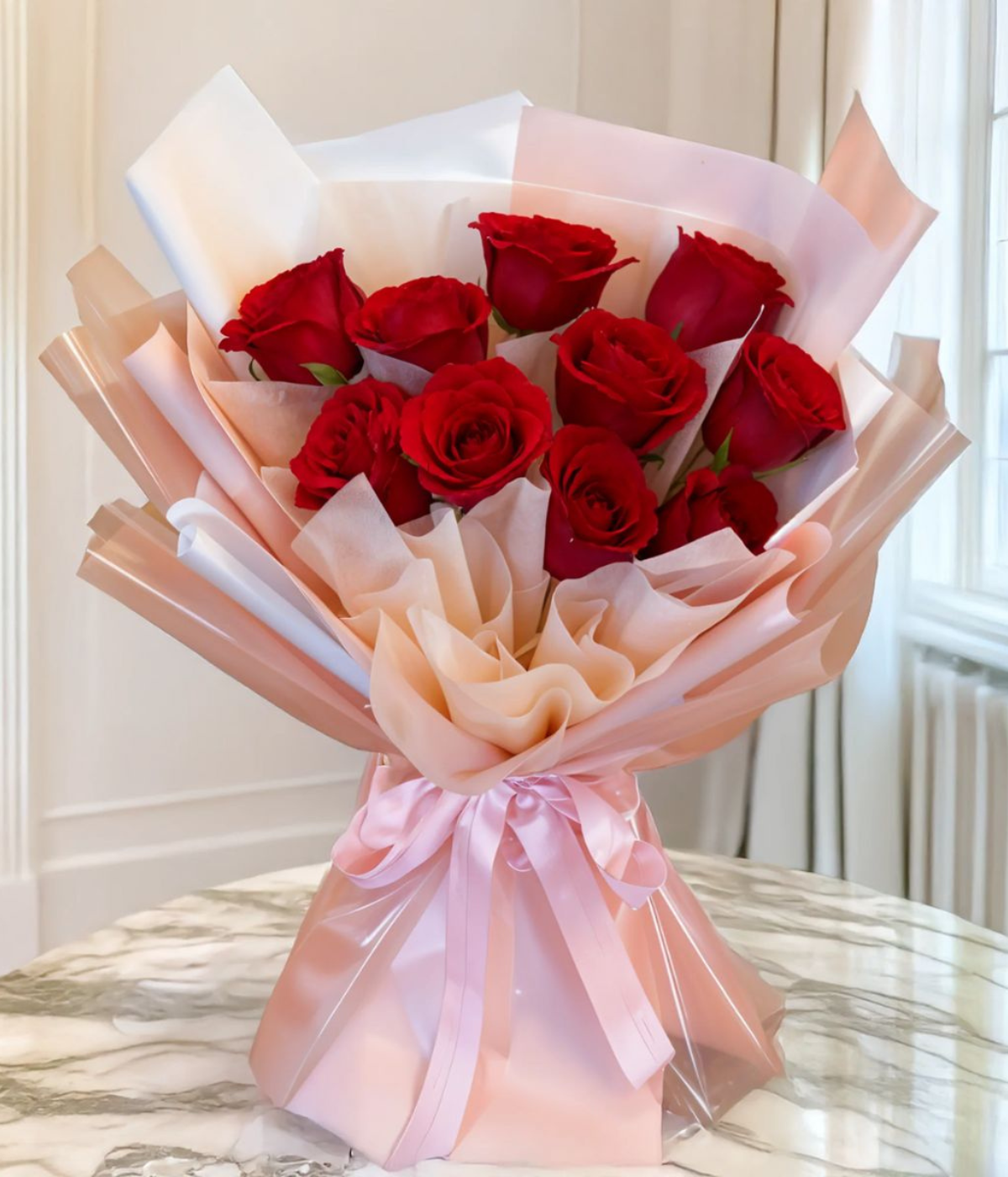 Valentine’s Floral Kiss with red roses wrapped in pink and peach paper with a decorative ribbon – Petal Frost flower shop