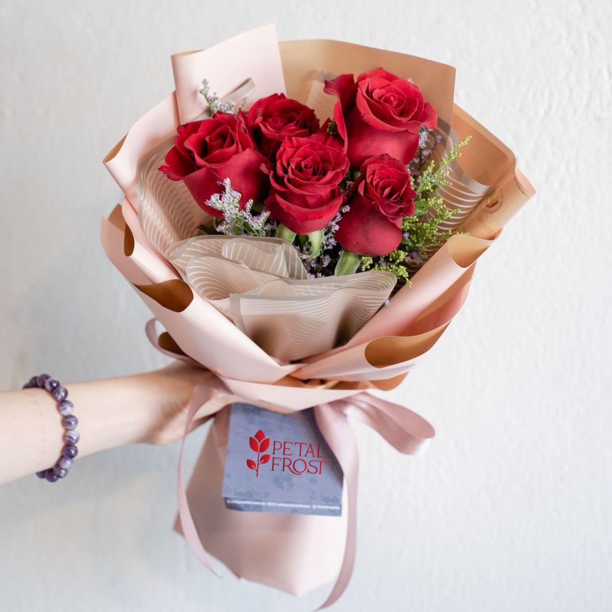 Valentine’s Scarlet Charm bouquet 6 premium red roses with eucalyptus - Petal Frost Dubai