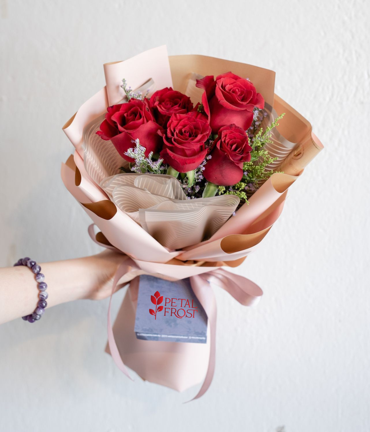 Valentine’s Scarlet Charm bouquet 6 premium red roses with eucalyptus - Petal Frost Dubai