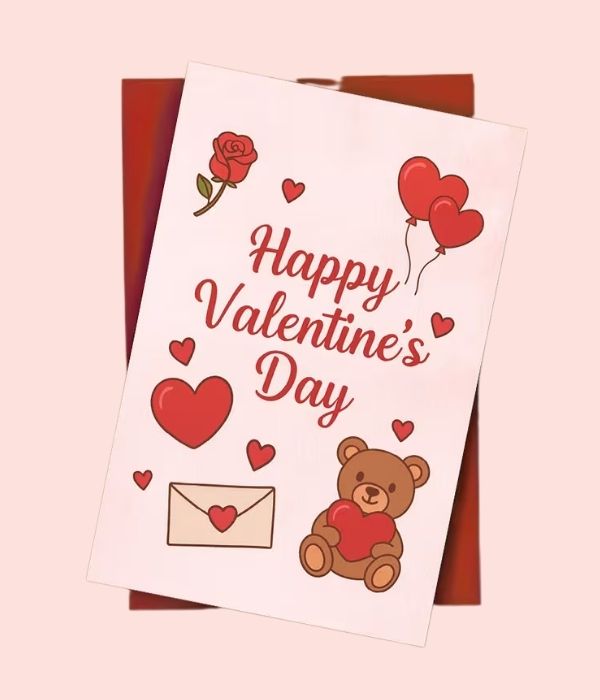 Valentines Day Teddy Bear Heart Balloons & Rose Greeting Card