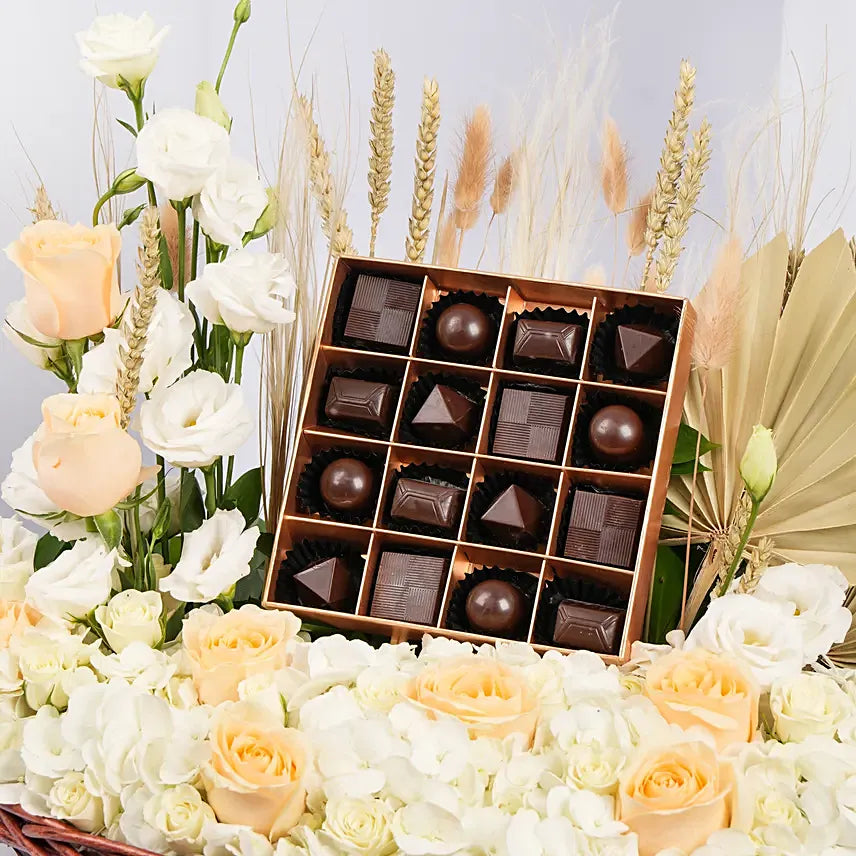 Basket of Flowers and Belgian Chocolates