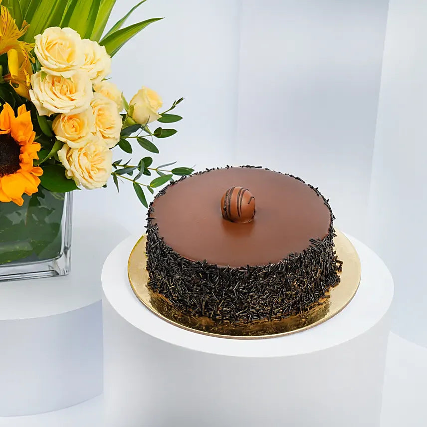 Delightful Birthday Chocolate Cake and Flowers