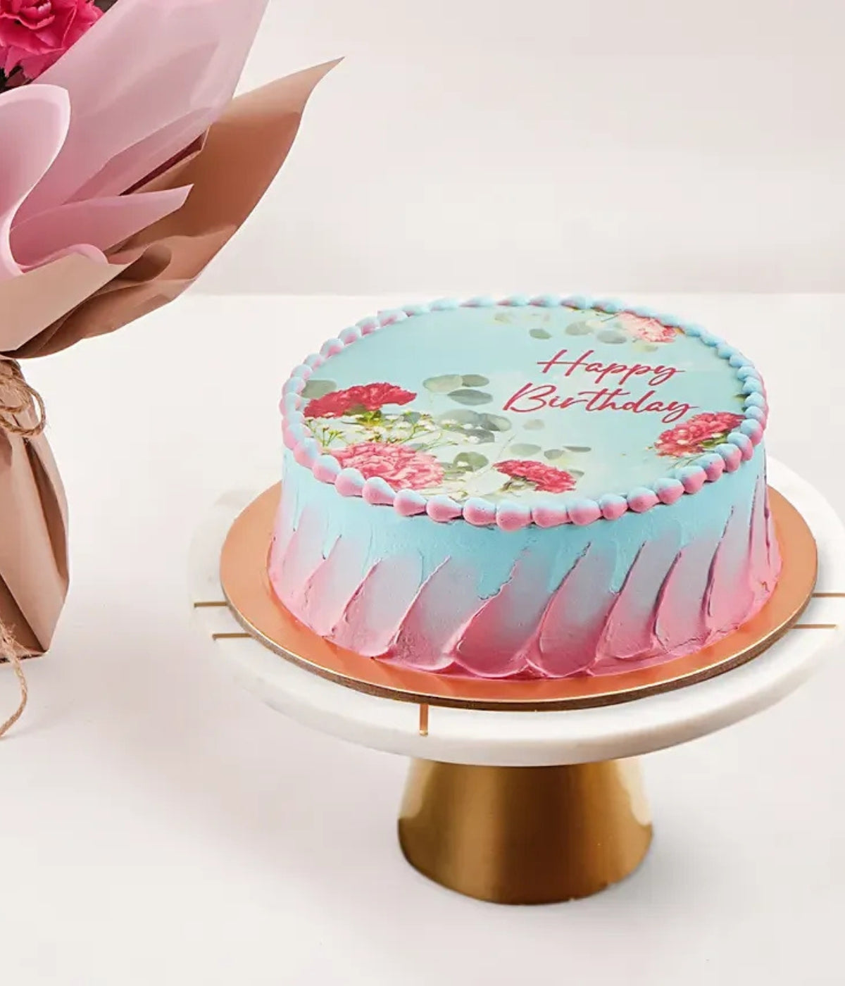 Birthday Wish Carnations Bouquet With Cake