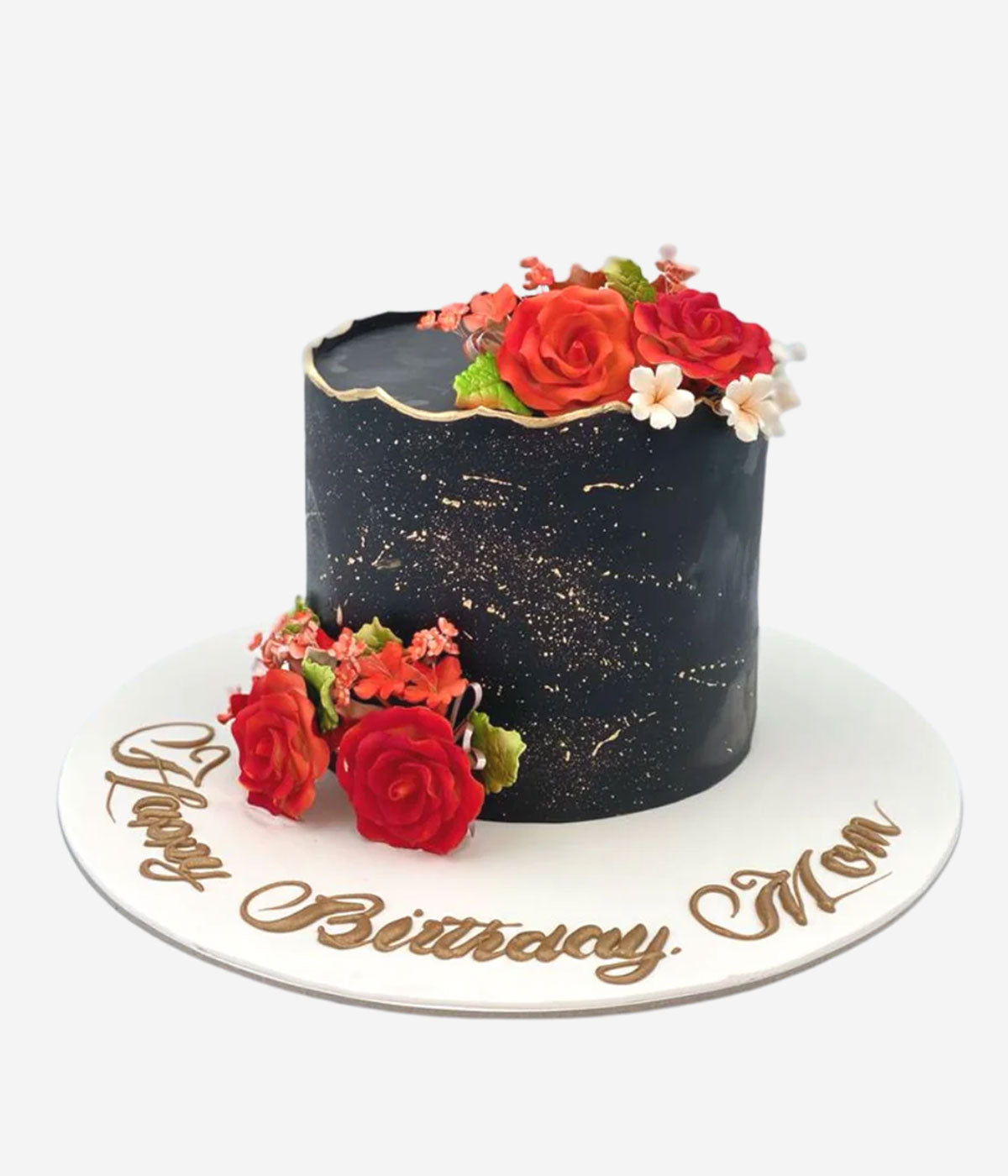 Red Rose on Black Marble Cake