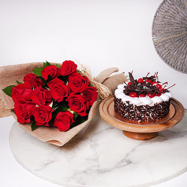Red Roses Bunch & Black Forest Cake