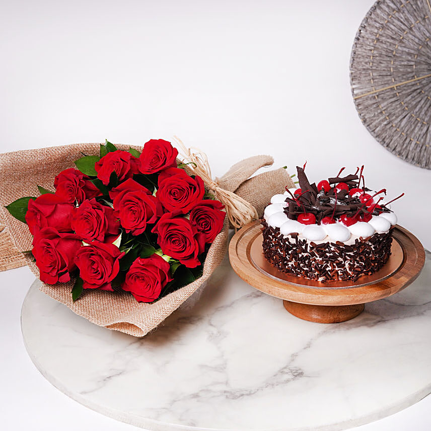 Red Roses Bunch & Black Forest Cake