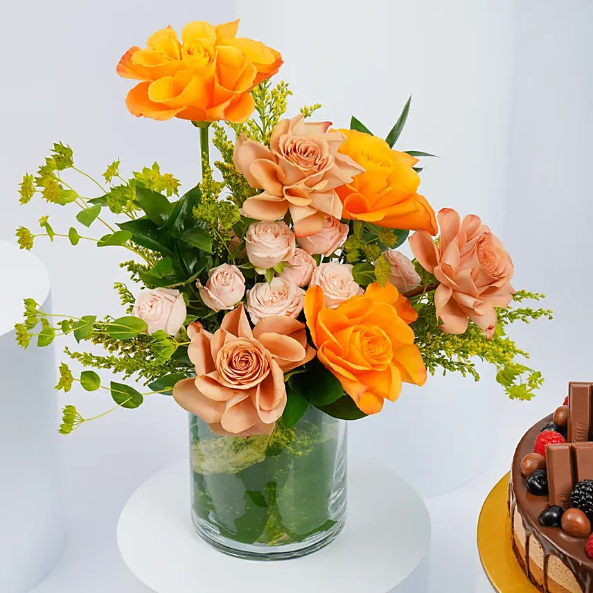 Roses Arrangement with Chocolate Feast Cake