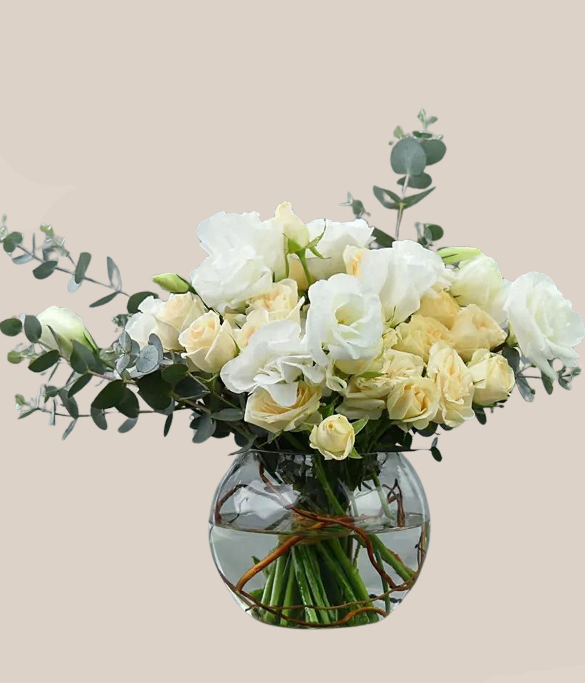 Spray Roses with White Lisianthus in Fish Bowl